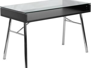 Flash Furniture Escritorio Brettford con Tapa de Vidrio Templado, Metal, Parte Superior de Cristal Transparente/Marco Cromado, 128.27000000000001 x 68.58 x 13.97 cm